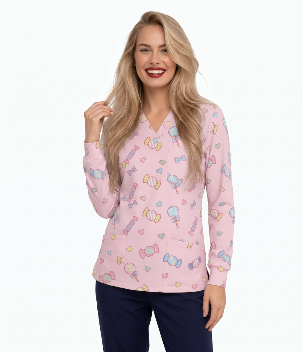 Sweet Candy & Lollipop Printed Medical Scrub Top - Pastel Pink Unisex V-Neck Uniform
