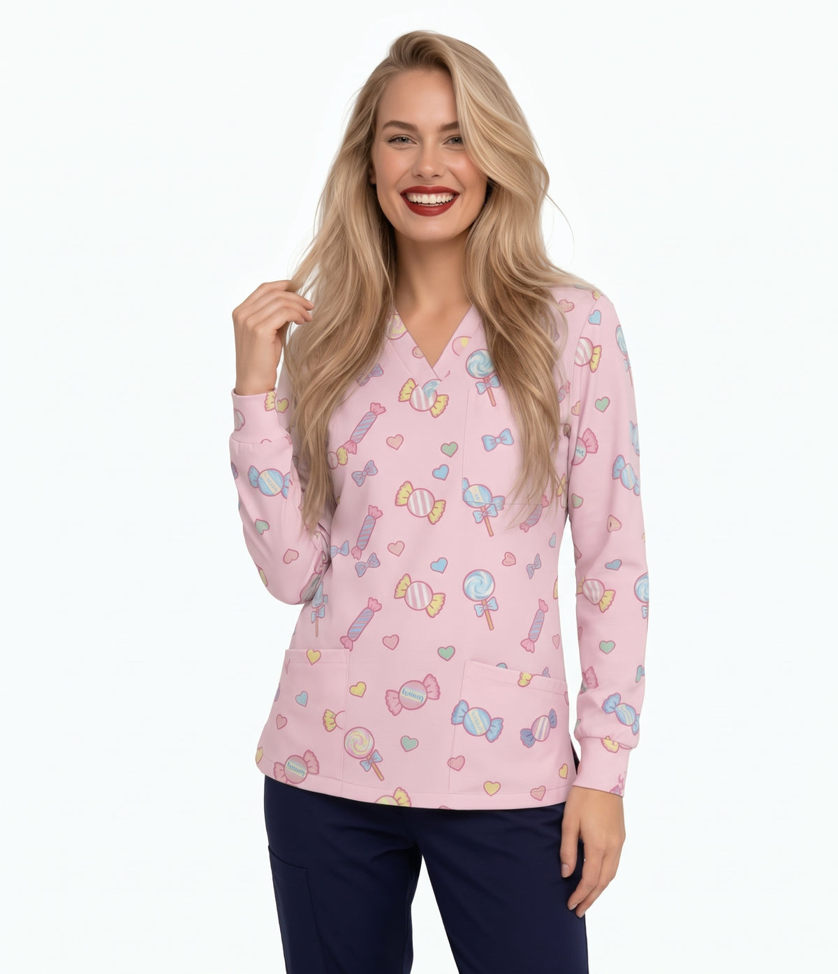 Sweet Candy & Lollipop Printed Medical Scrub Top - Pastel Pink Unisex V-Neck Uniform
