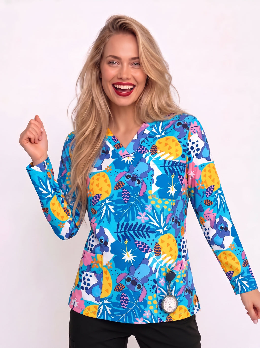 Tropical Stitch Long Sleeve Printed Medical Scrub Top - V-Neck MEDICAL Uniform