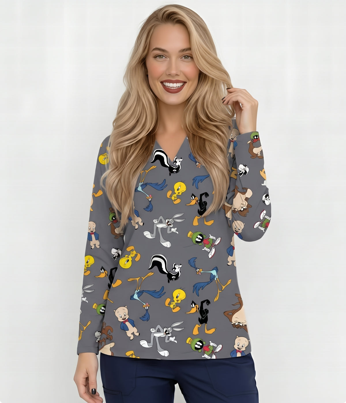 Looney Tunes Characters Printed Medical Scrub Top - Grey Unisex V-Neck Uniform