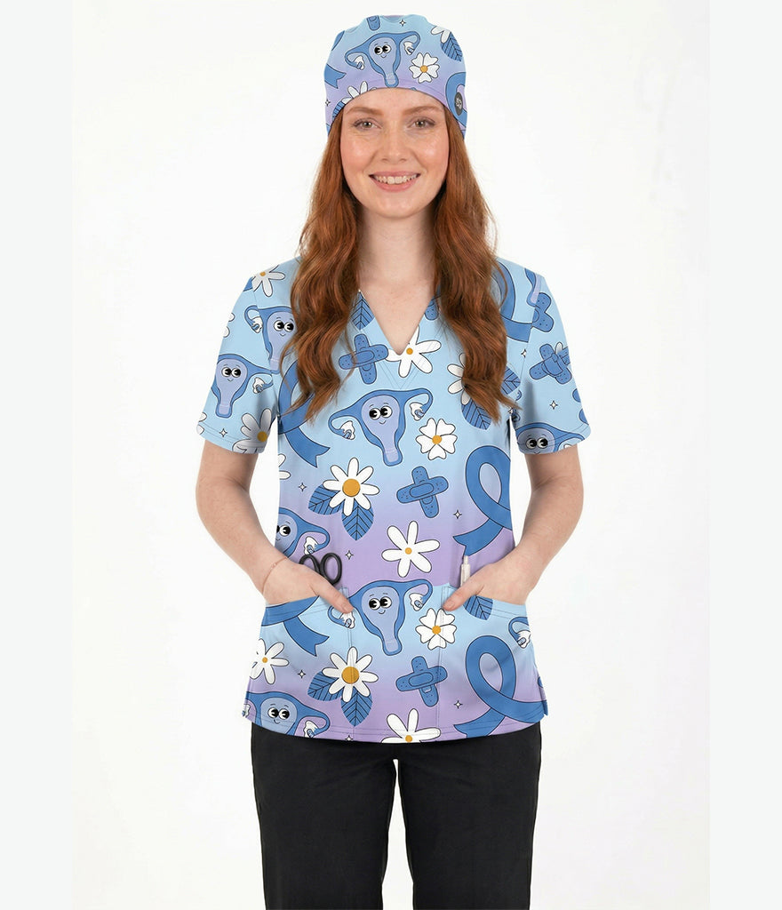 Happy Uterus 3-Pocket STRETCH V-Neck Print Scrub Top