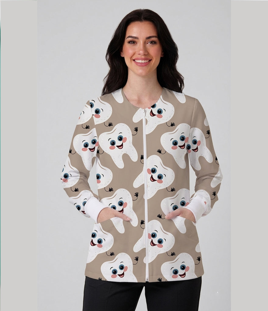 Happy Dent  Printed Long Sleeve Front Zipper Labcoat