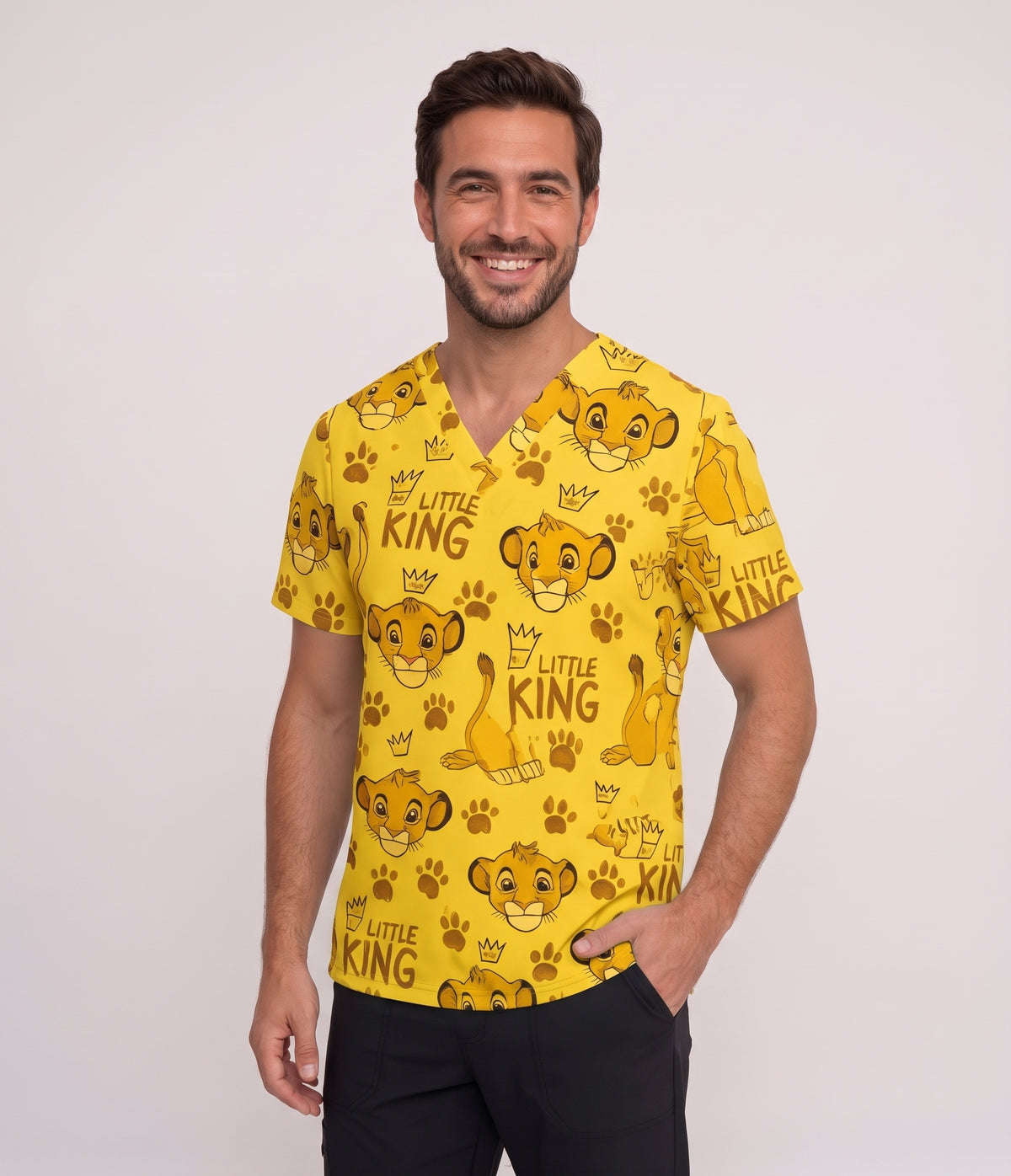 Lion King "Little King" Printed Medical Scrub Top - Yellow Unisex V-Neck Uniform