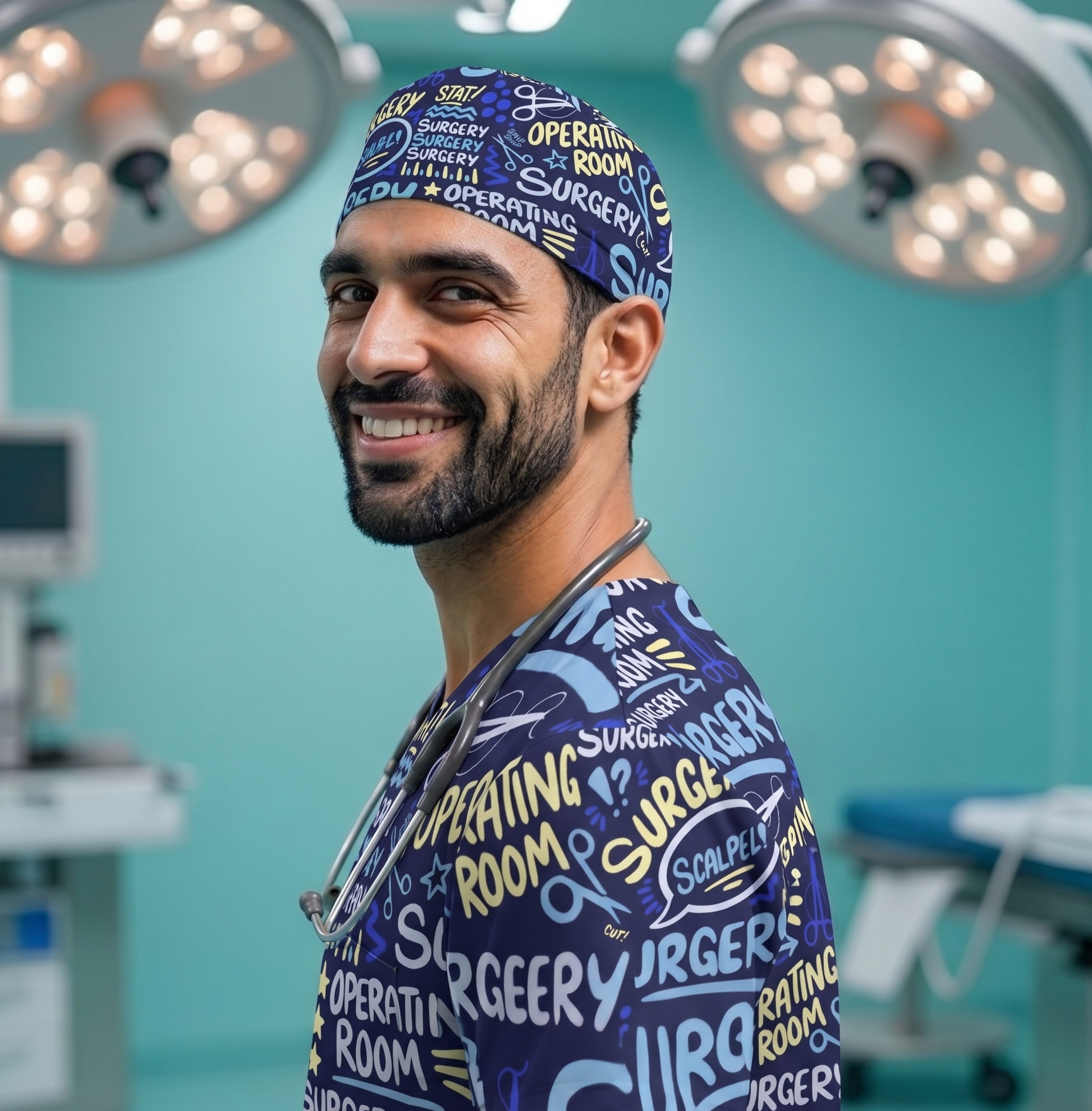 "Doctor wearing a professional blue printed surgical headcap in a hospital setting"