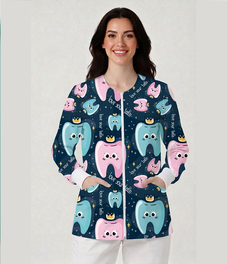 Love Your Teeth Printed Long Sleeve Front Zipper Labcoat