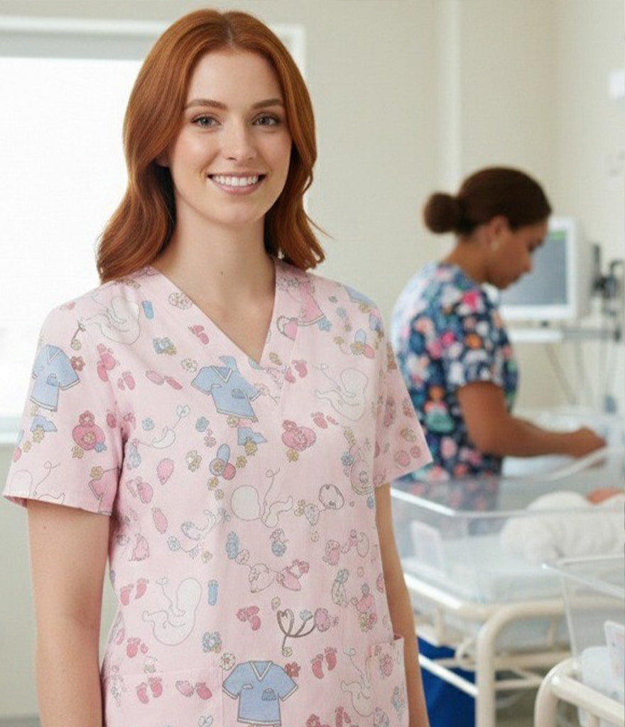 Neonatal 3-Pocket STRETCH V-Neck Print Scrub Top