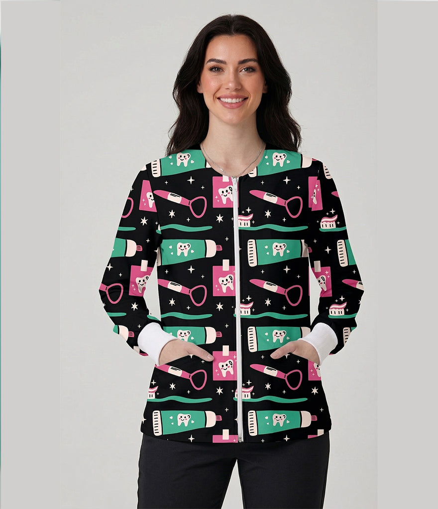 Oral Hygiene Printed Long Sleeve Front Zipper Labcoat