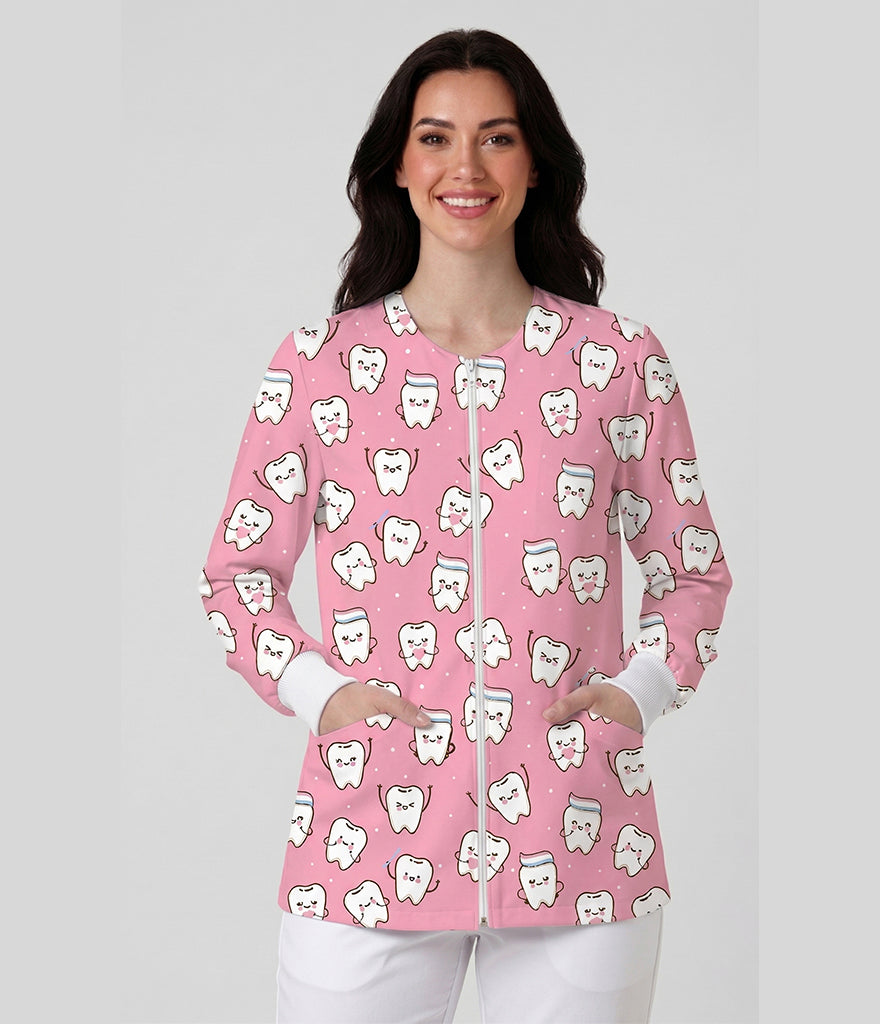 Pinky Tooth 3-Pocket STRETCH V-Neck Print Scrub Top