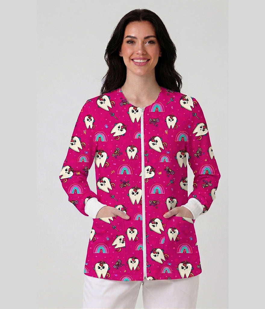 Pinky Tooth Printed Long Sleeve Front Zipper Labcoat .