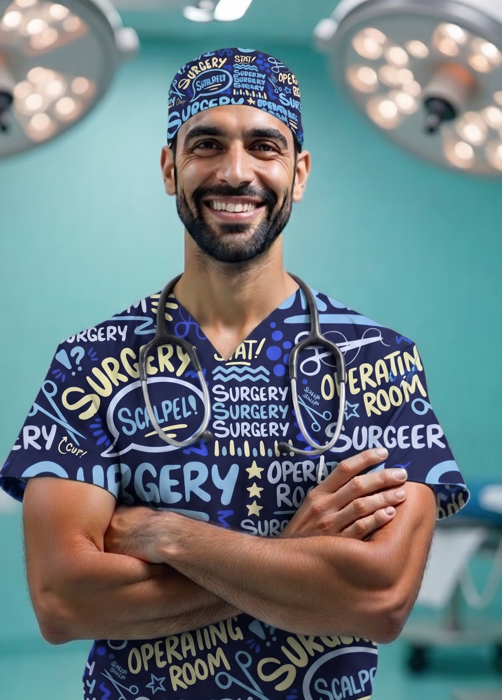 "Doctor wearing a professional blue printed surgical headcap in a hospital setting"