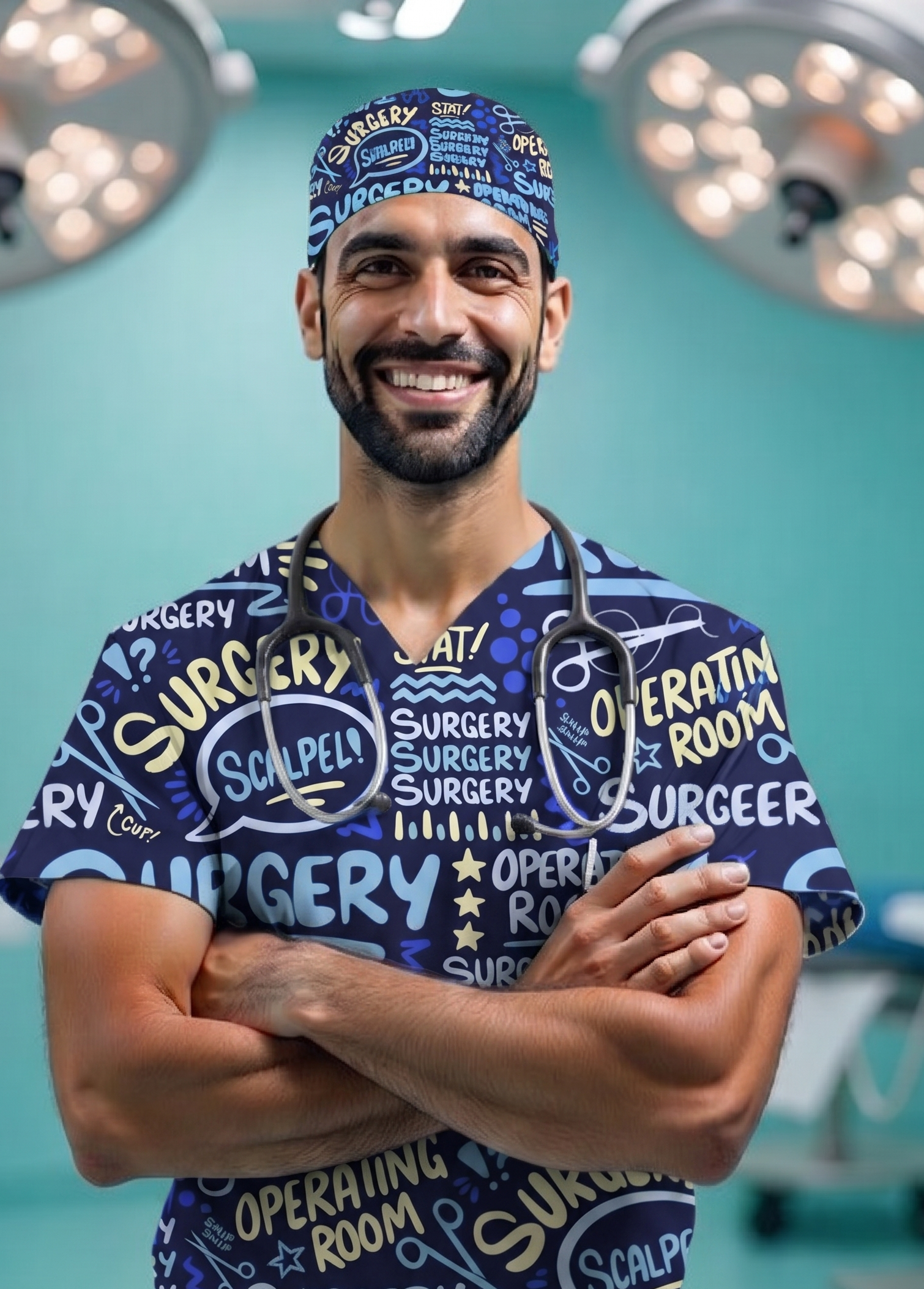 "Doctor wearing a professional blue printed surgical headcap in a hospital setting"