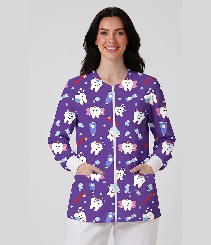 Purple Candy  2-Pocket Zipper Front Print Scrub Jacket