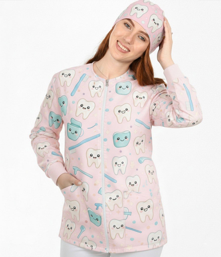 Rinsy Rose Printed Long Sleeve Front Zipper Labcoat