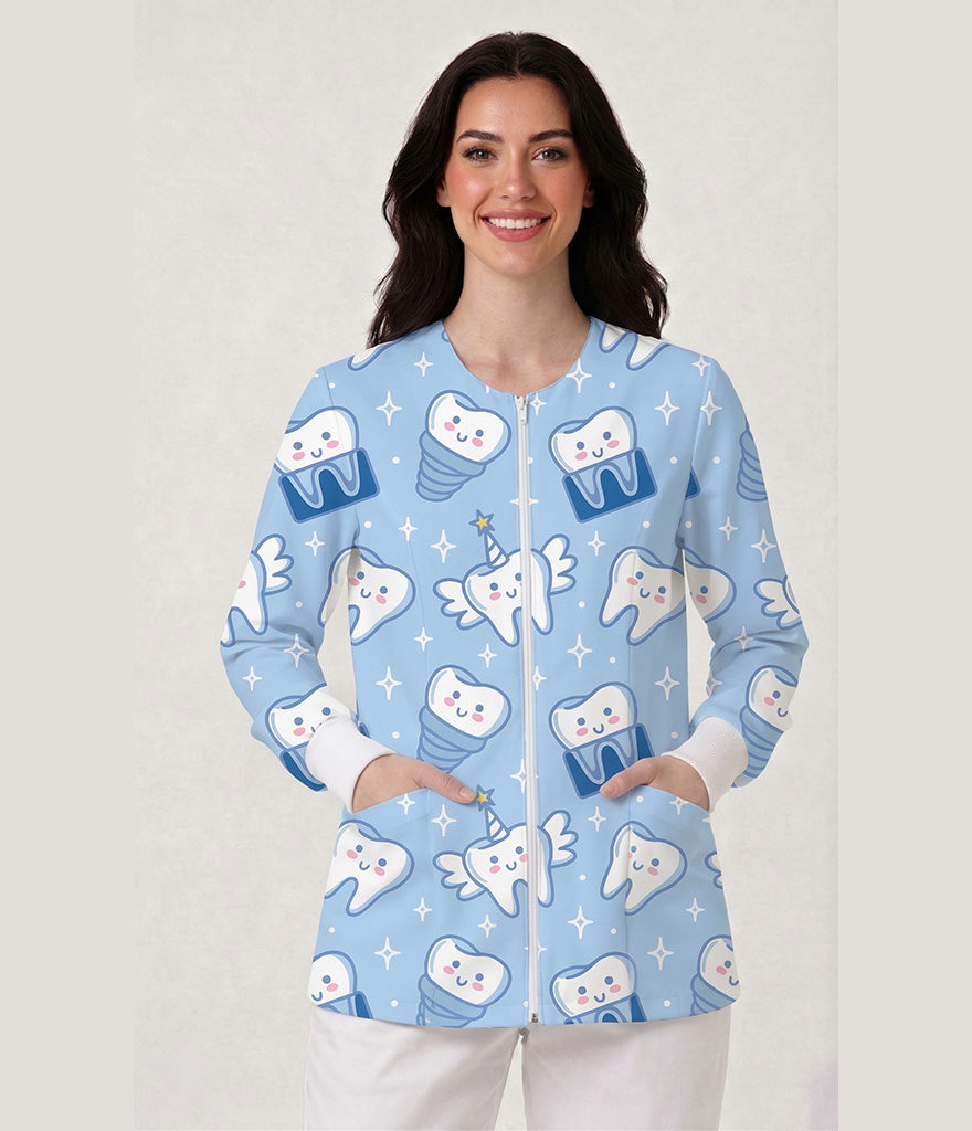 Sky Candy Tooth Printed Long Sleeve Front Zipper Labcoat .