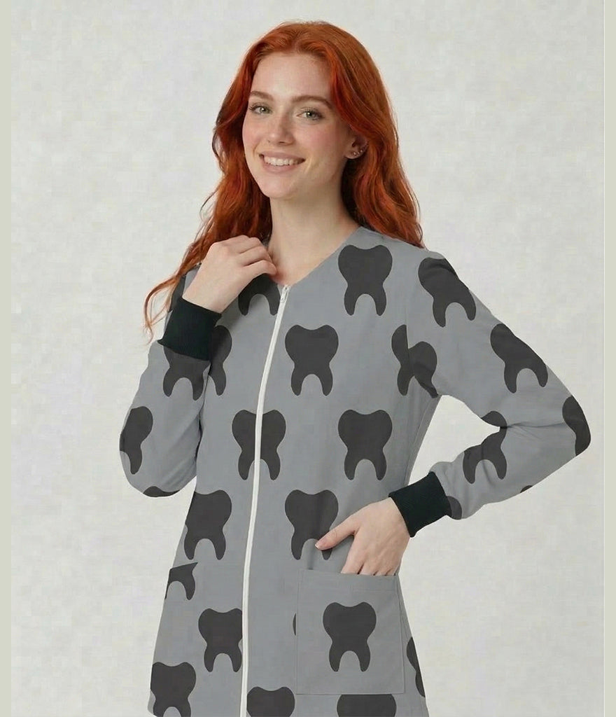 Tooth Tales Dental Printed Long Sleeve Front Zipper Labcoat .