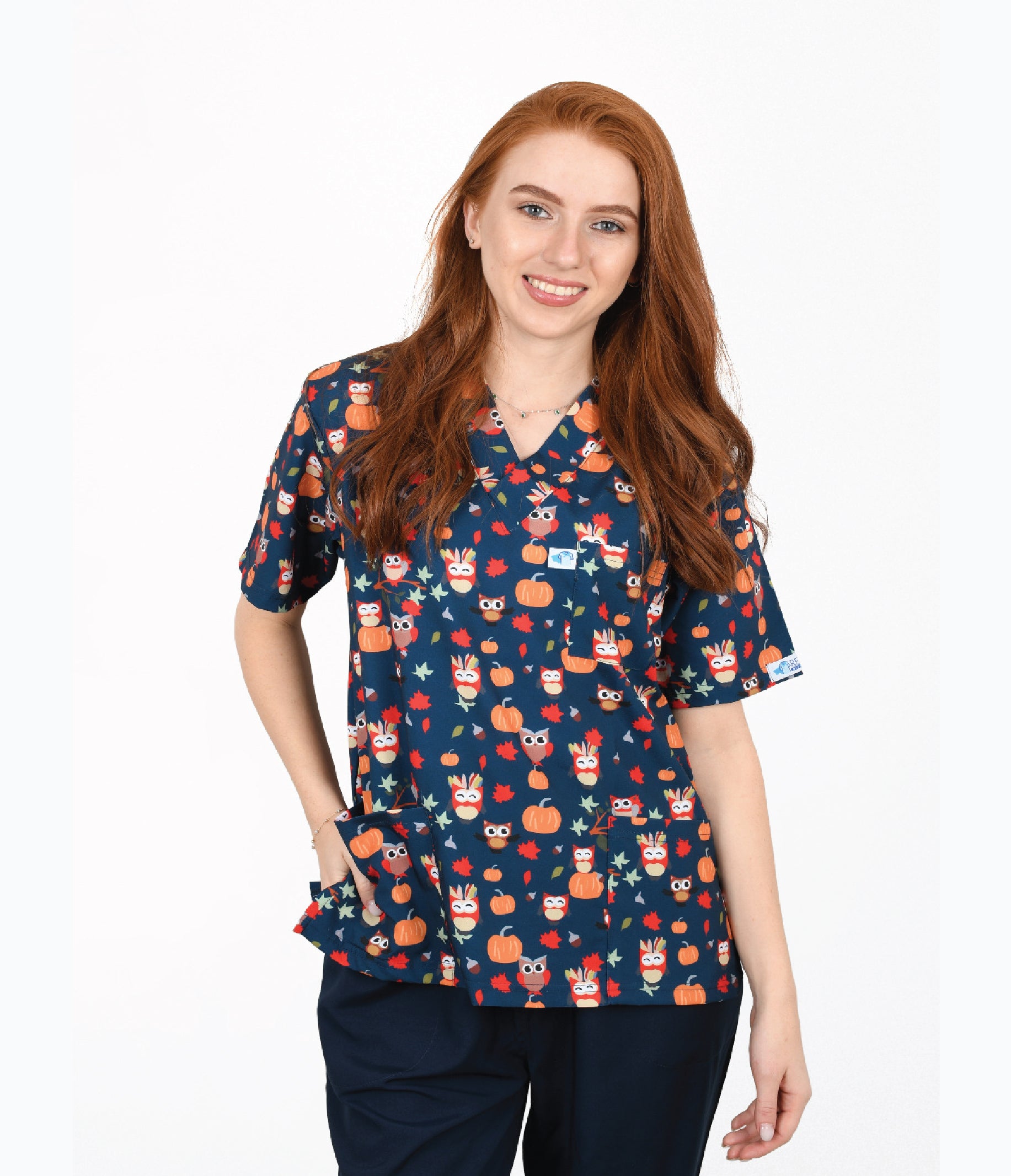 Navy owl 3-Pocket STRETCH V-Neck Print Scrub Top