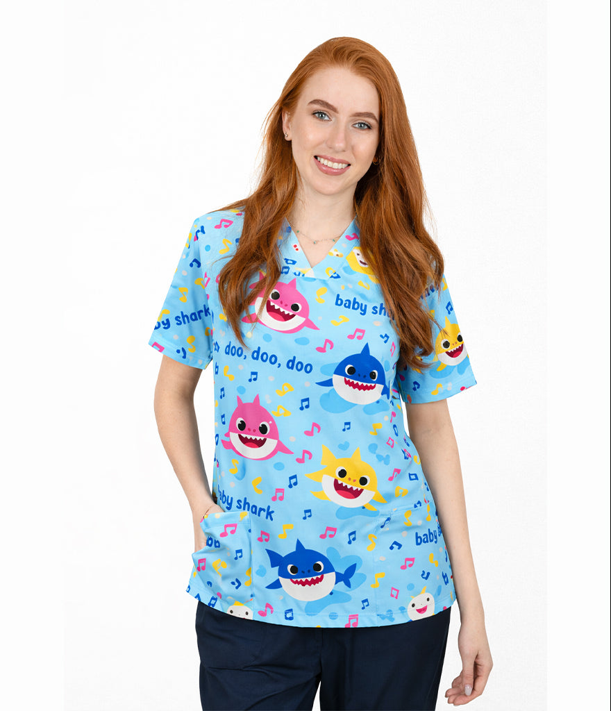 Baby Shark 3-Pocket STRETCH V-Neck Print Scrub Top