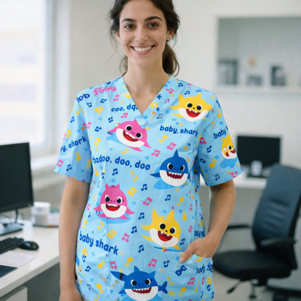 Baby Shark 3-Pocket STRETCH V-Neck Print Scrub Top