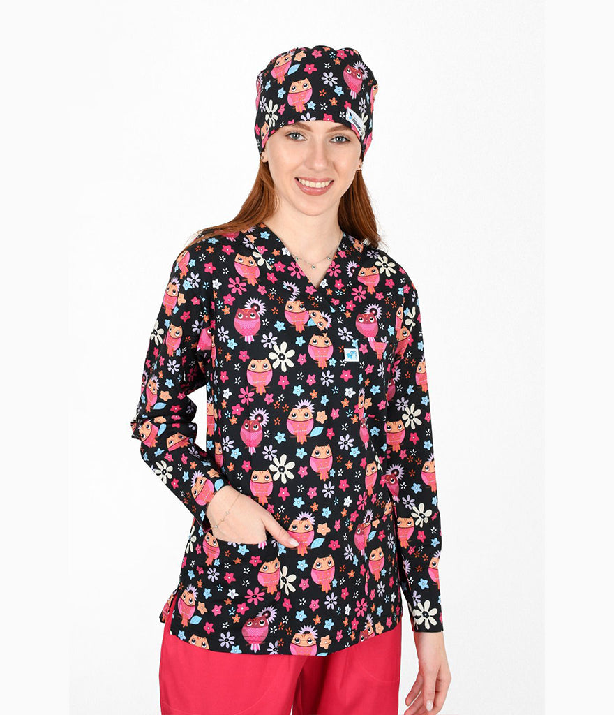 Pink Owl 3-Pocket STRETCH V-Neck Print Scrub Top