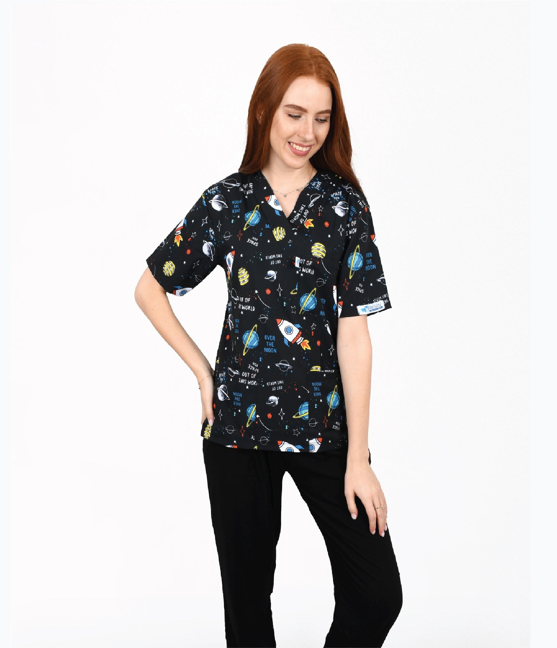 Universe  3-Pocket STRETCH V-Neck Print Scrub Top