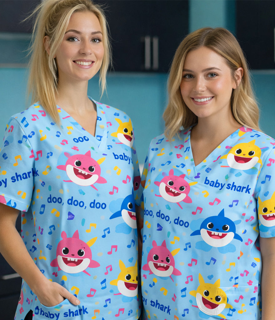 Baby Shark 3-Pocket STRETCH V-Neck Print Scrub Top