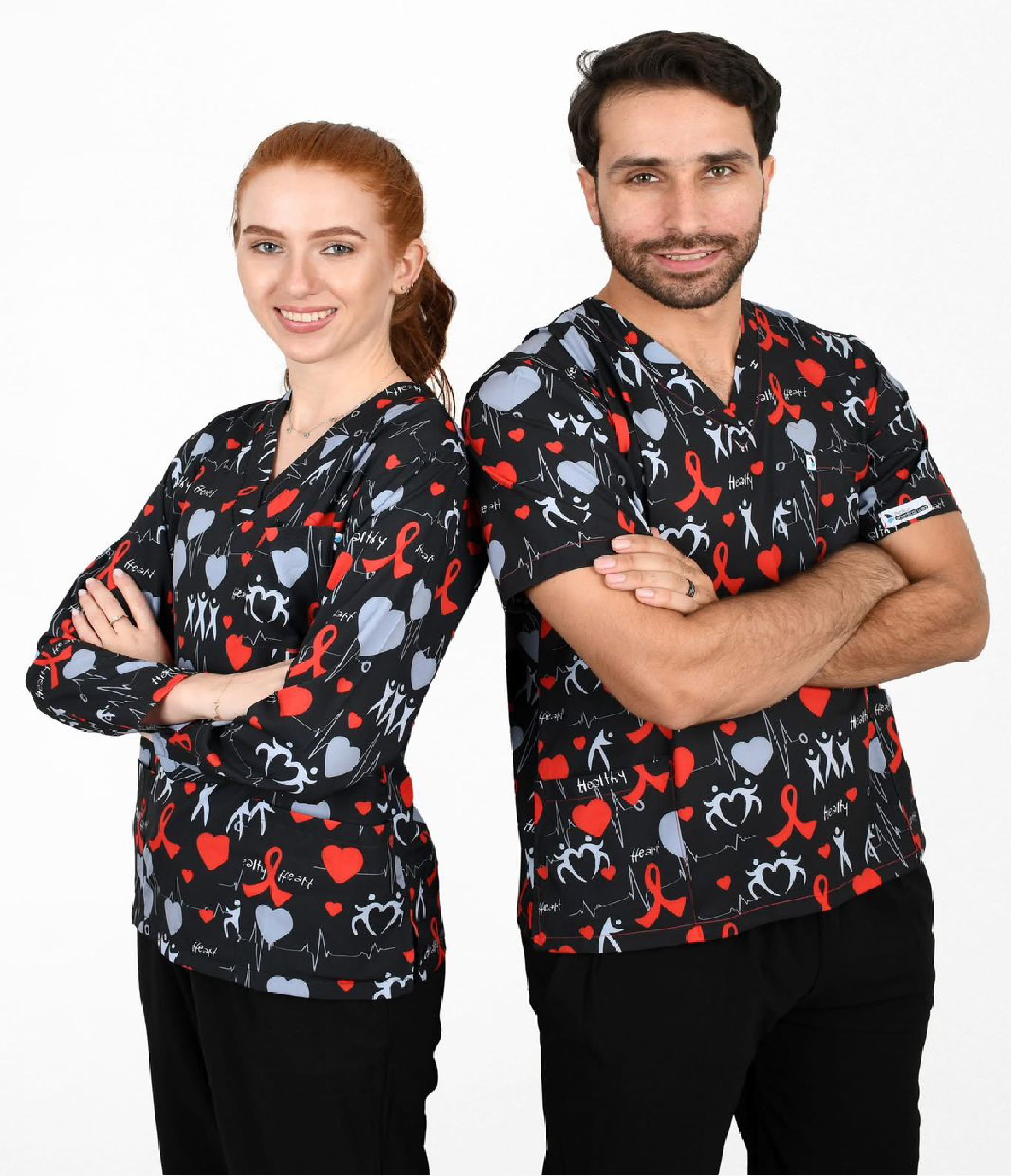 Healthy Heart 3-Pocket STRETCH V-Neck Print Scrub Top