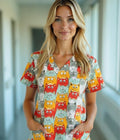Colored cats 3-Pocket STRETCH V-Neck Print Scrub Top