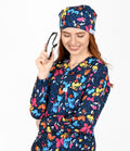 Navy Butterfly 3-Pocket STRETCH V-Neck Print Scrub Top
