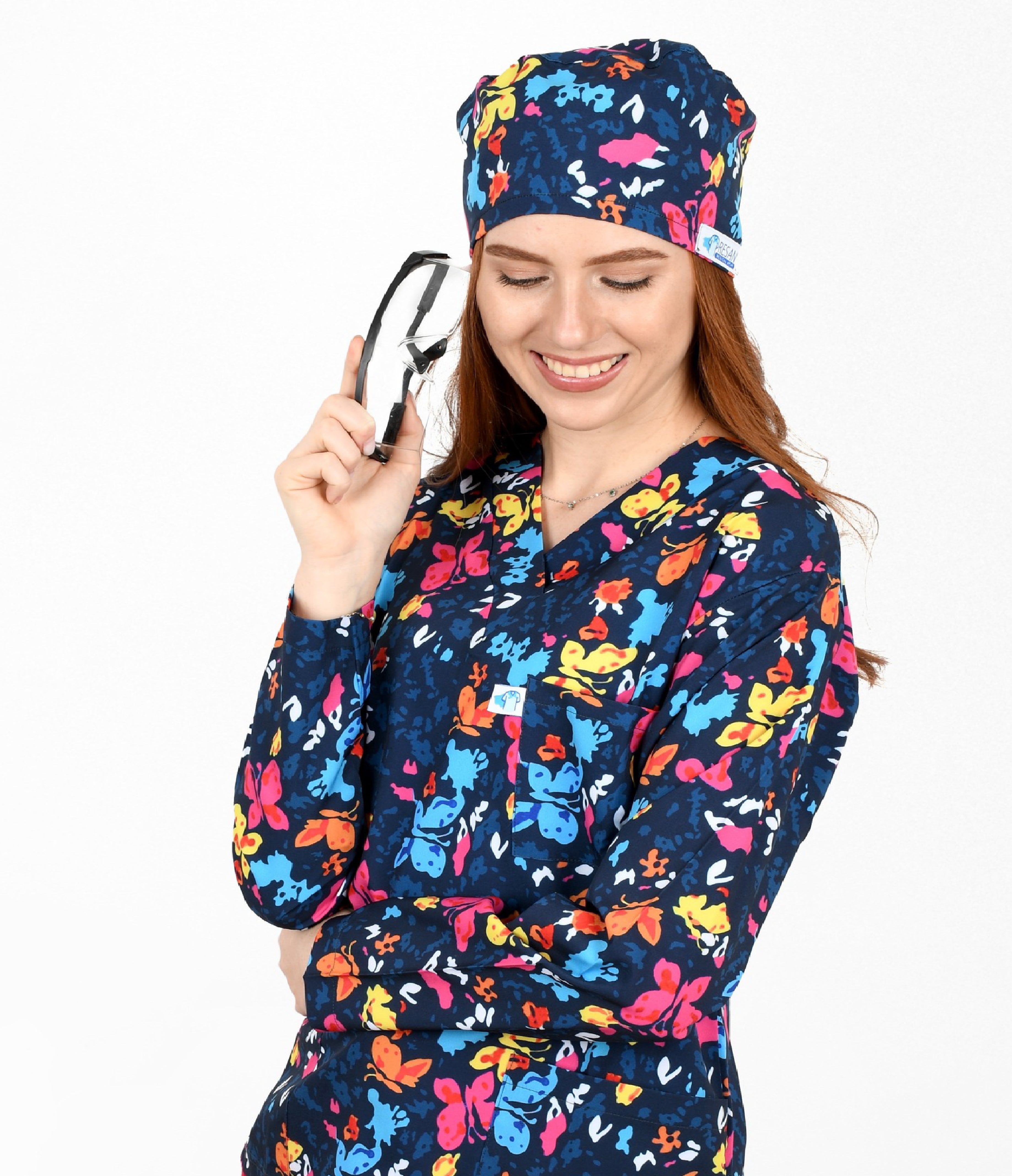 Navy Butterfly 3-Pocket STRETCH V-Neck Print Scrub Top