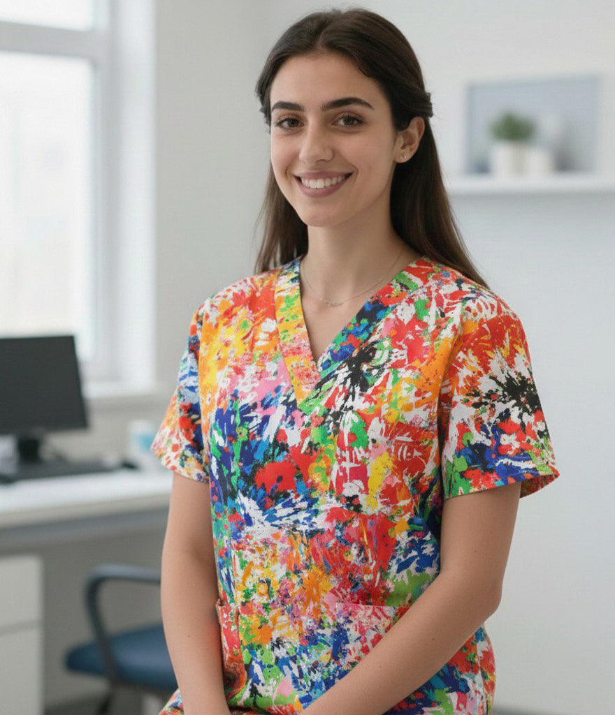 Picasso 3-Pocket STRETCH V-Neck Print Scrub Top