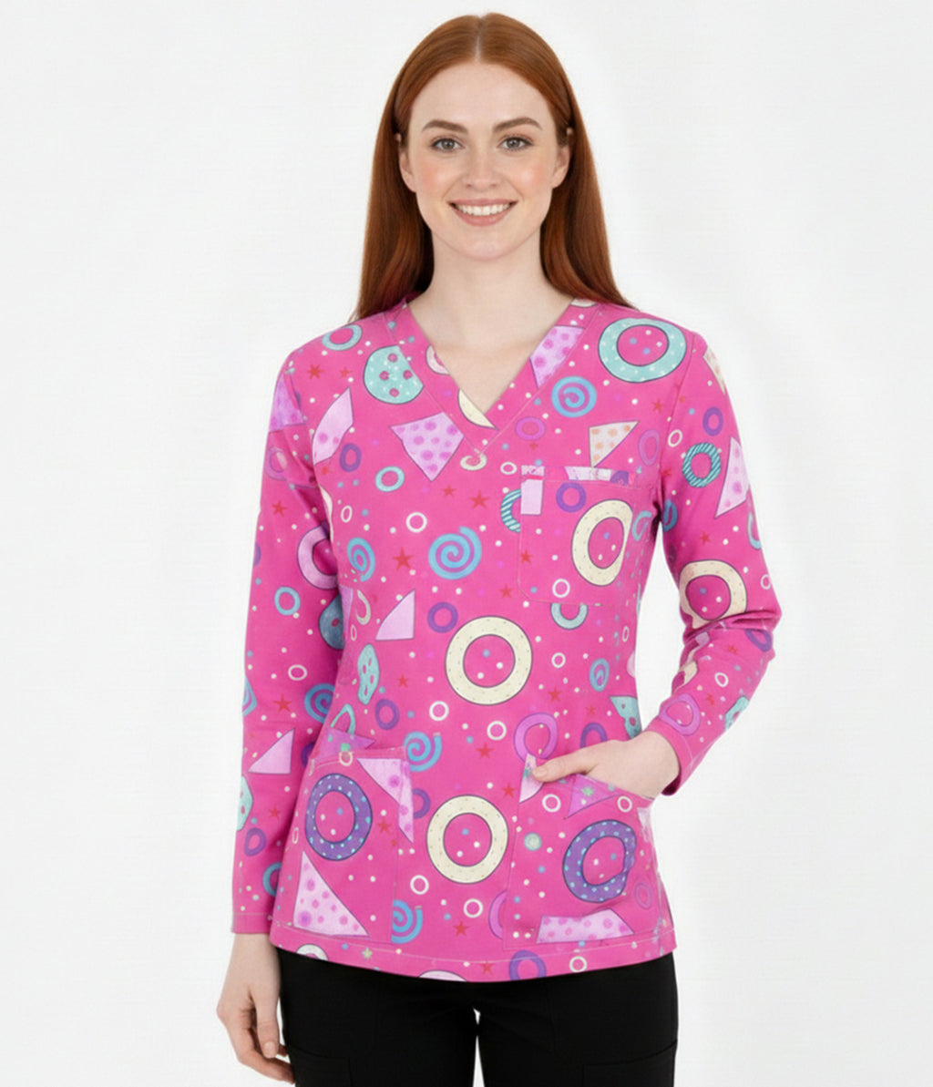 Confetti pink medical 3-Pocket STRETCH V-Neck Print Scrub Top