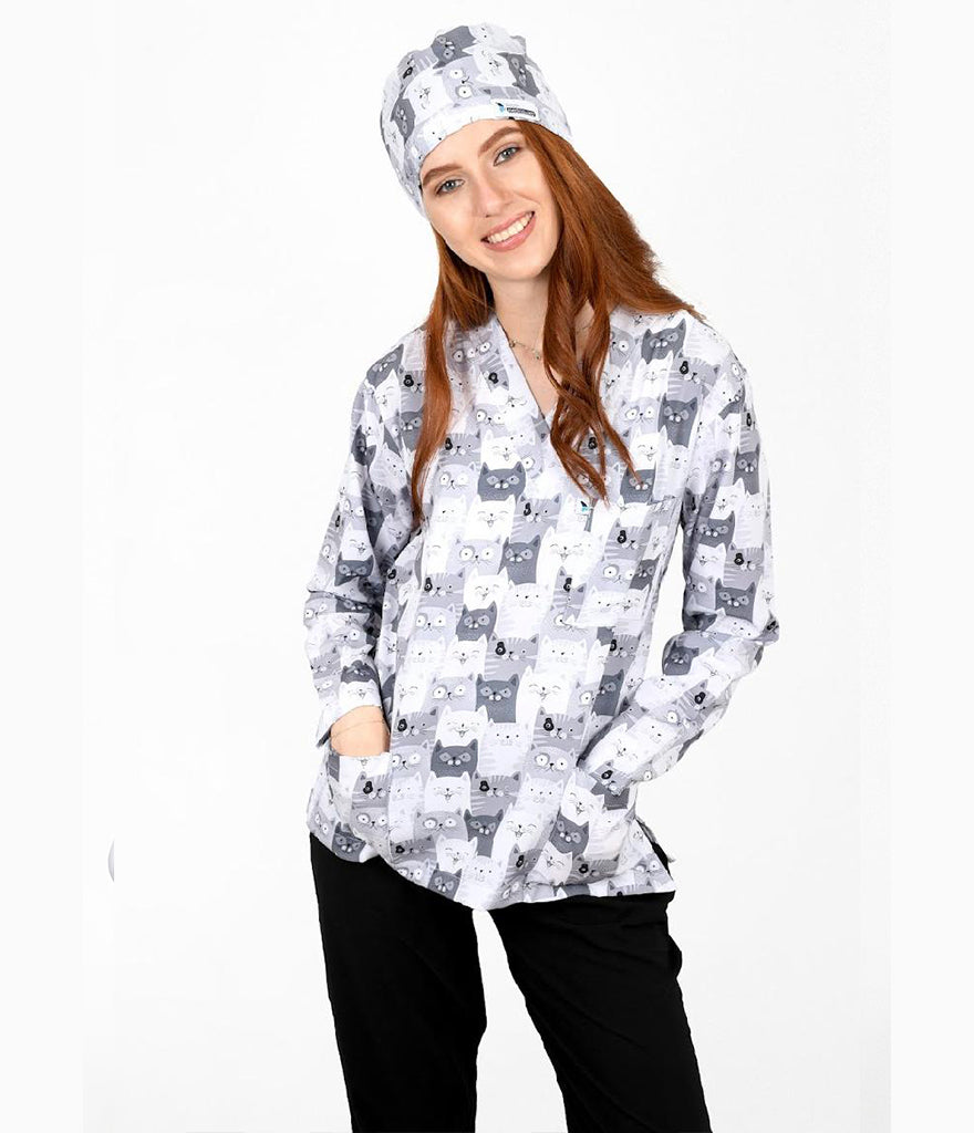 Grey Cats 3-Pocket STRETCH V-Neck Print Scrub Top