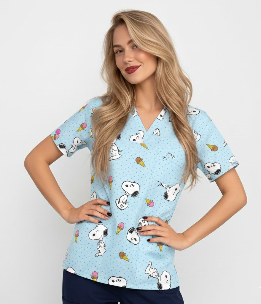 Peanuts Snoopy 3-Pocket STRETCH V-Neck Print Scrub Top