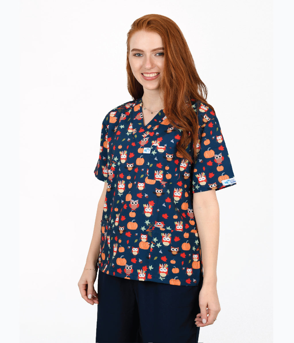 Navy owl 3-Pocket STRETCH V-Neck Print Scrub Top