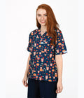 Navy owl 3-Pocket STRETCH V-Neck Print Scrub Top