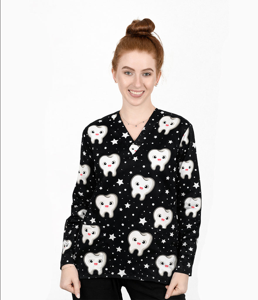 Dr.Smiler dental 3-Pocket STRETCH V-Neck Print Scrub Top