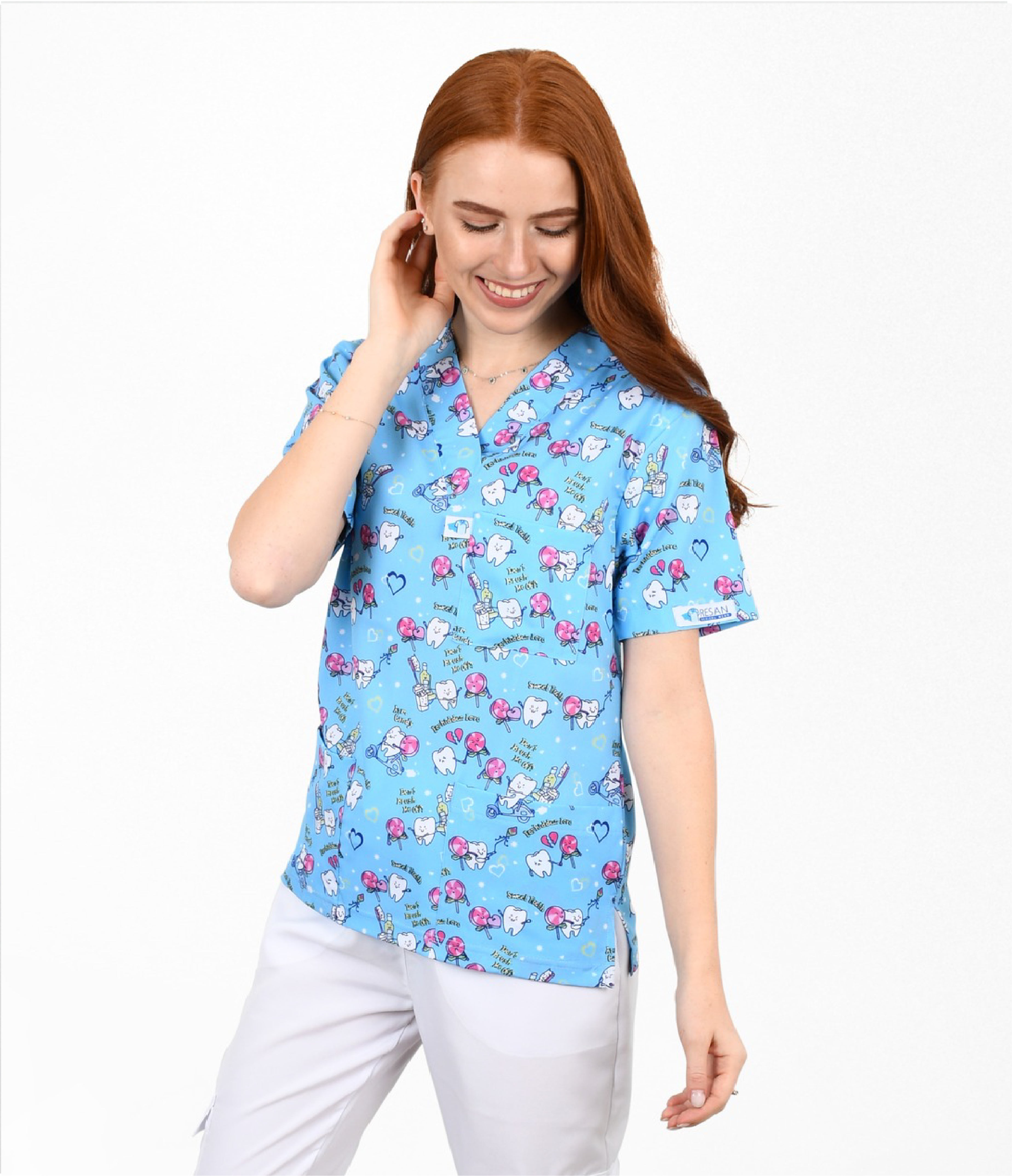 Sweet-Tooth 3-Pocket STRETCH V-Neck Print Scrub Top