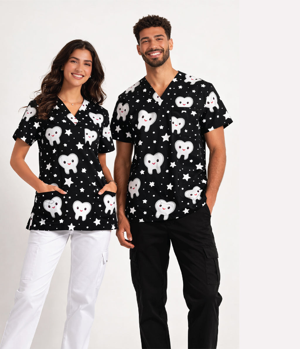 Dr.Smiler dental 3-Pocket STRETCH V-Neck Print Scrub Top