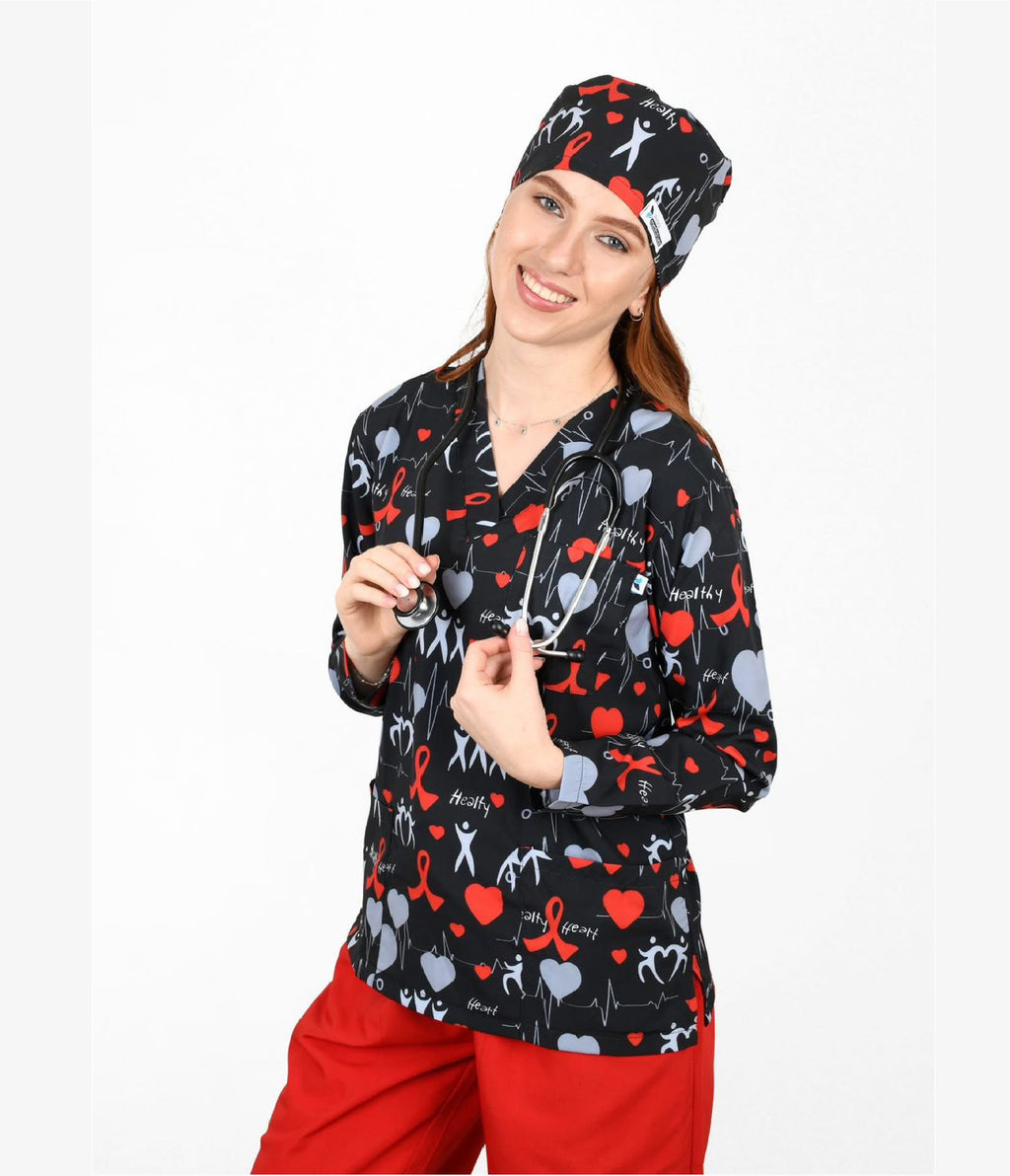 Healthy Heart 3-Pocket STRETCH V-Neck Print Scrub Top