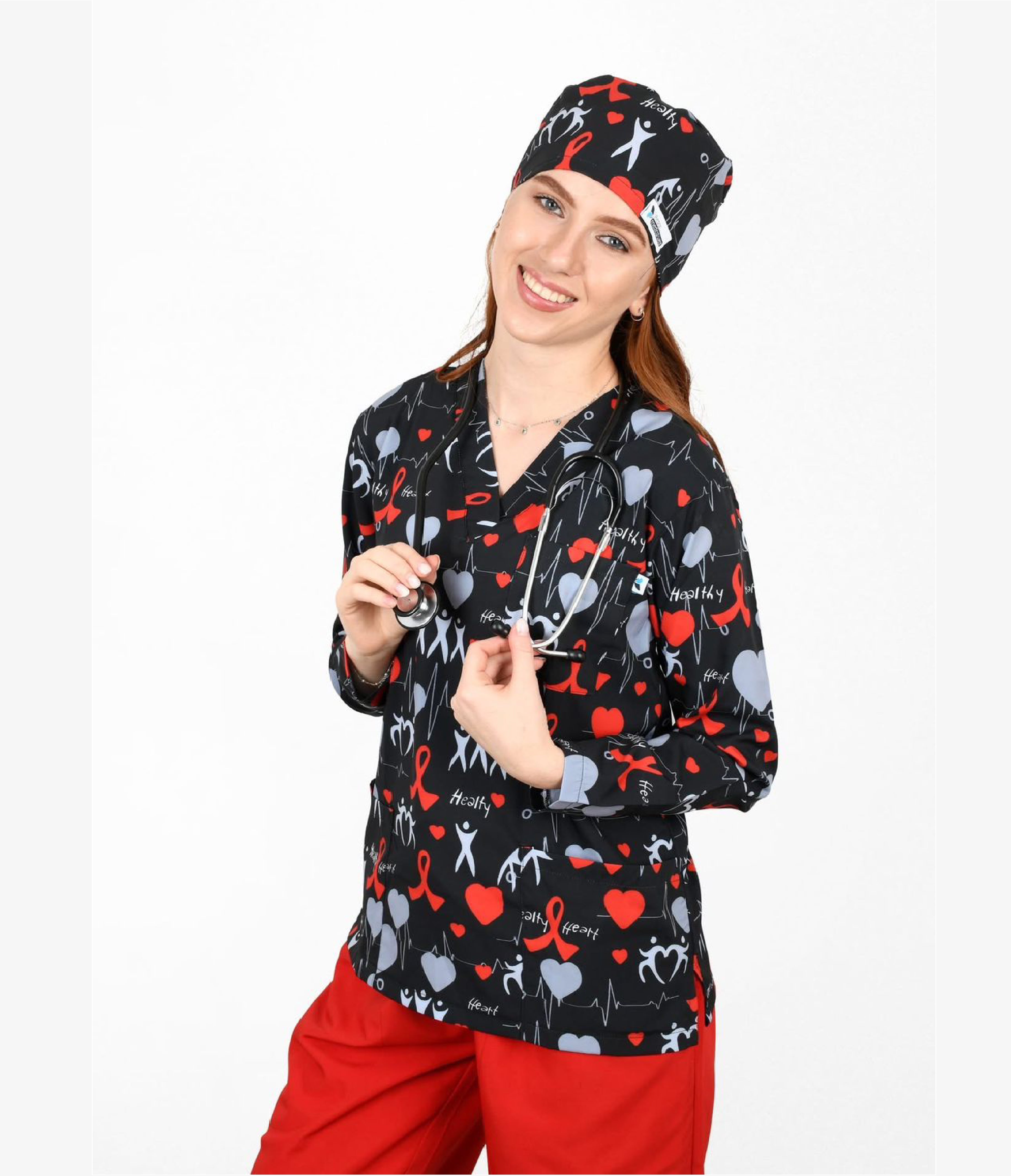Healthy Heart 3-Pocket STRETCH V-Neck Print Scrub Top