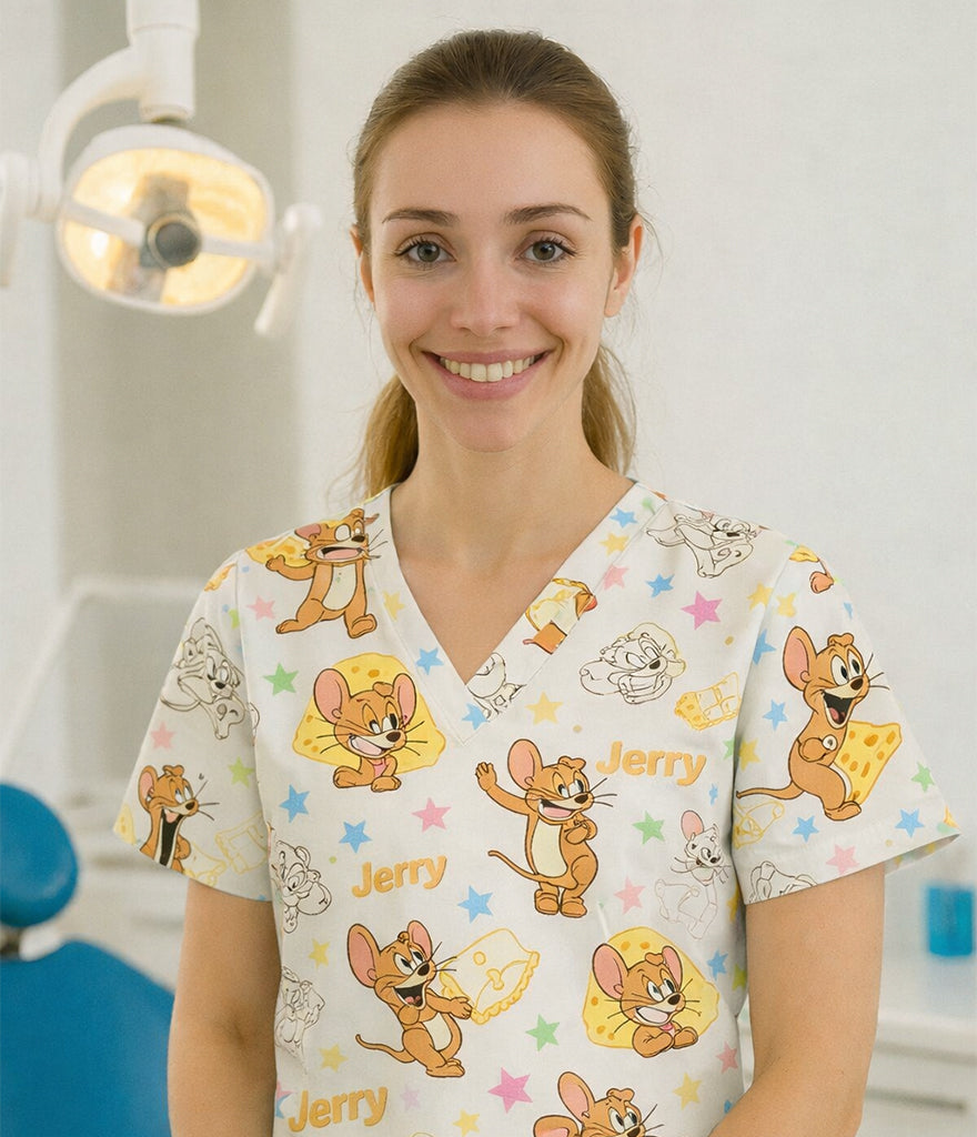 Jerry medical 3-Pocket STRETCH V-Neck Print Scrub Top