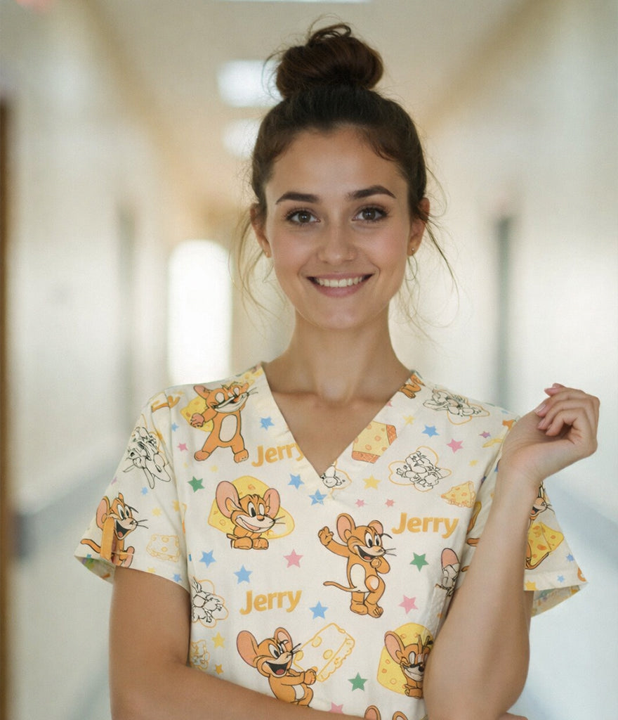 Jerry medical 3-Pocket STRETCH V-Neck Print Scrub Top
