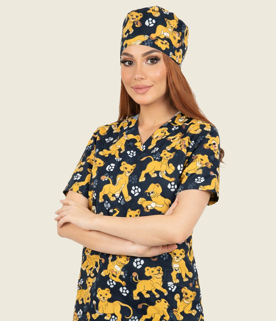 Lion King 3-Pocket STRETCH V-Neck Print Scrub Top