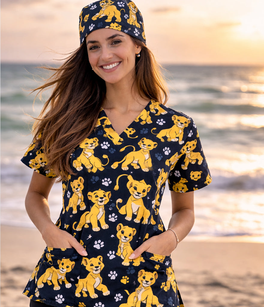 Lion King 3-Pocket STRETCH V-Neck Print Scrub Top