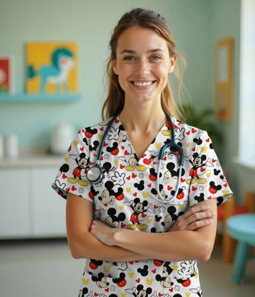 Mickey magic 3-Pocket STRETCH V-Neck Print Scrub Top