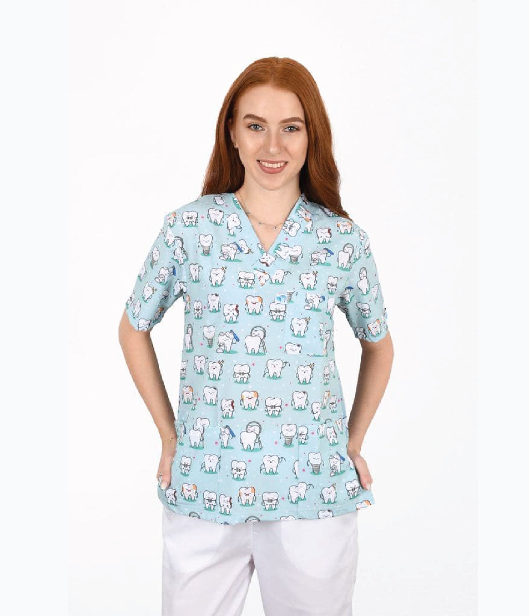 Babytooth dental 3-Pocket STRETCH V-Neck Printed Scrub Top