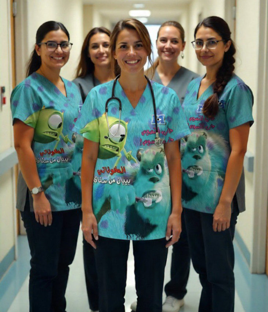 Monsters Inc. 3-Pocket STRETCH V-Neck Print Scrub Top