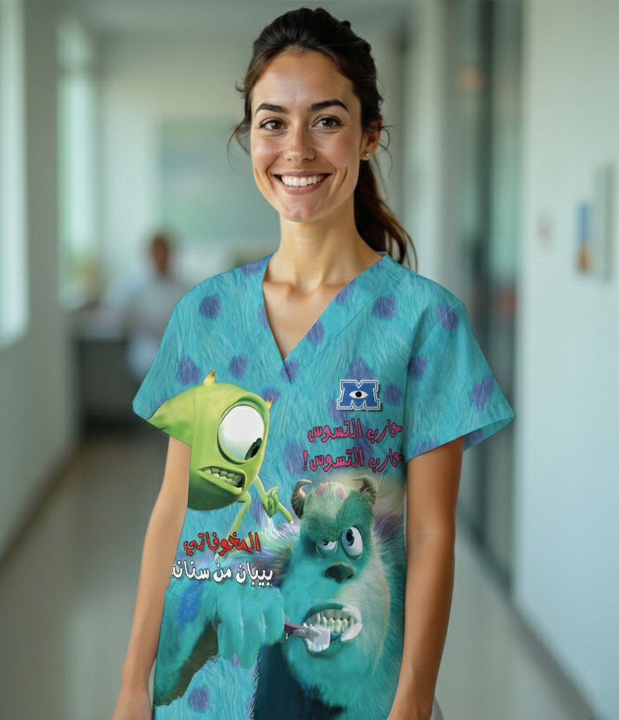 Monsters Inc. 3-Pocket STRETCH V-Neck Print Scrub Top
