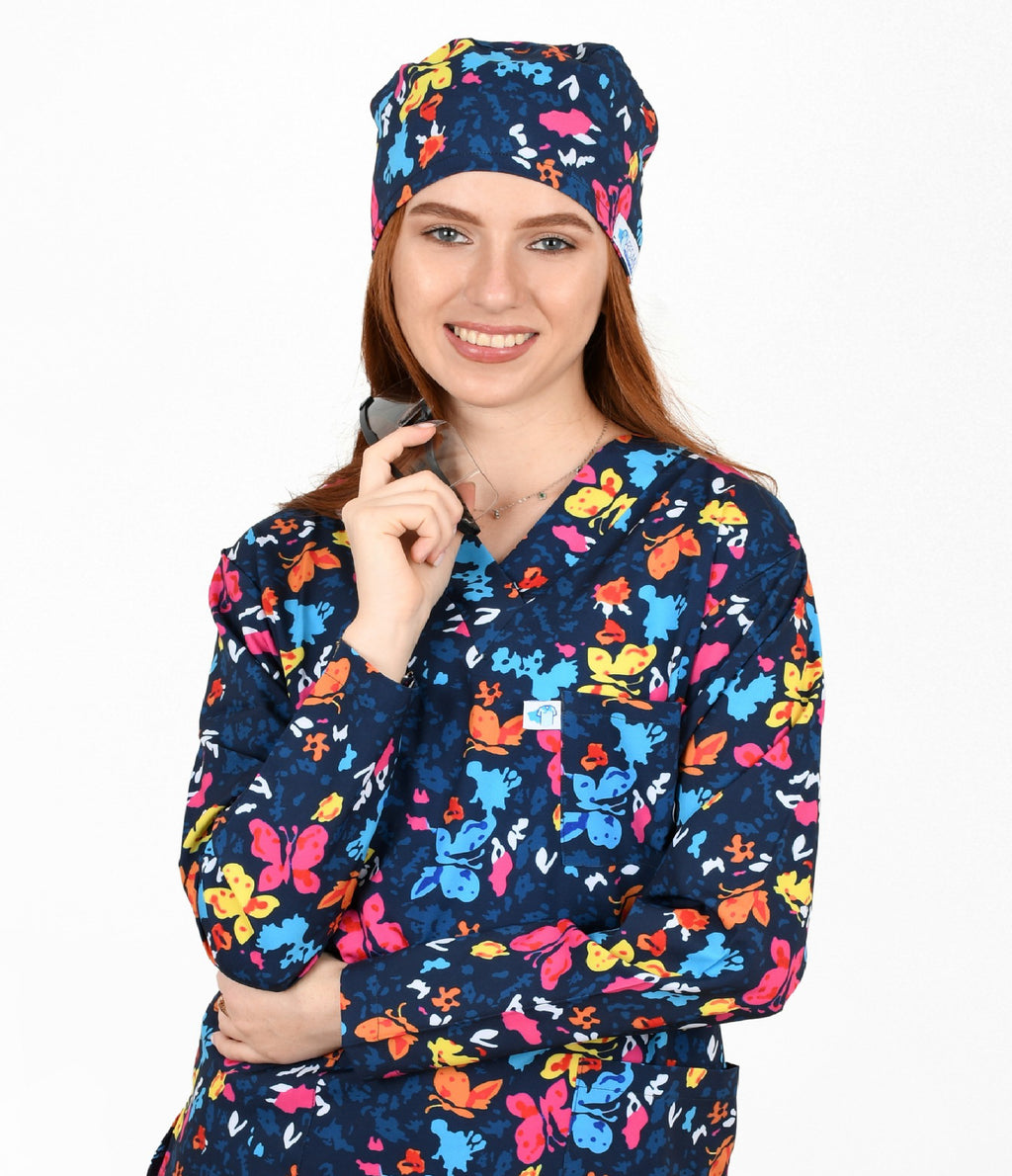 Navy Butterfly 3-Pocket STRETCH V-Neck Print Scrub Top