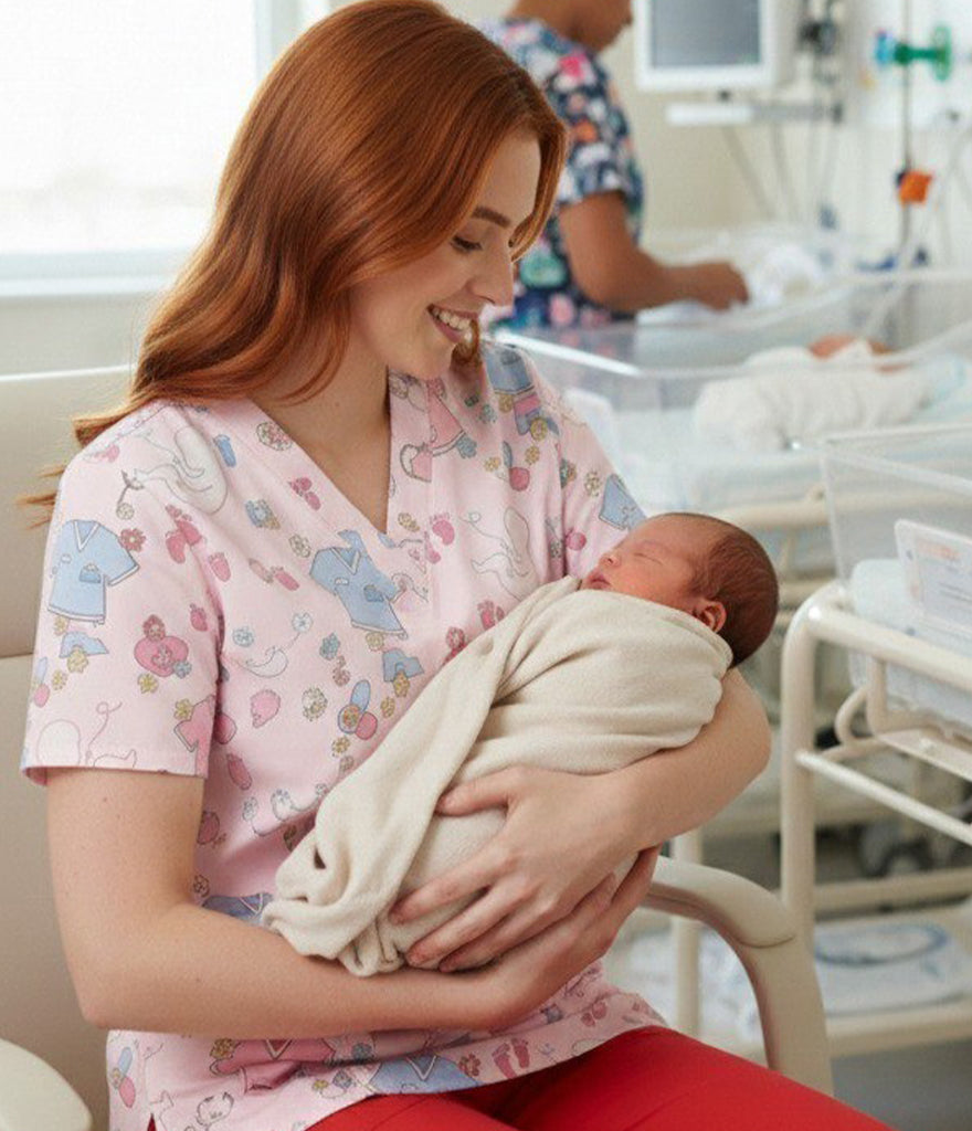 Neonatal 3-Pocket STRETCH V-Neck Print Scrub Top